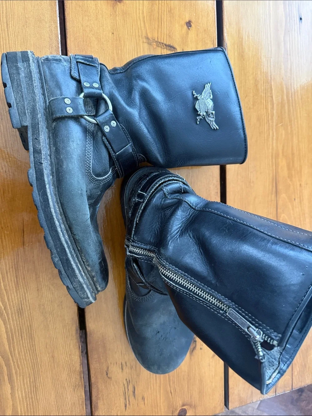 Harley-Davidson Silver Winged Eagle Emblem on Black Leather